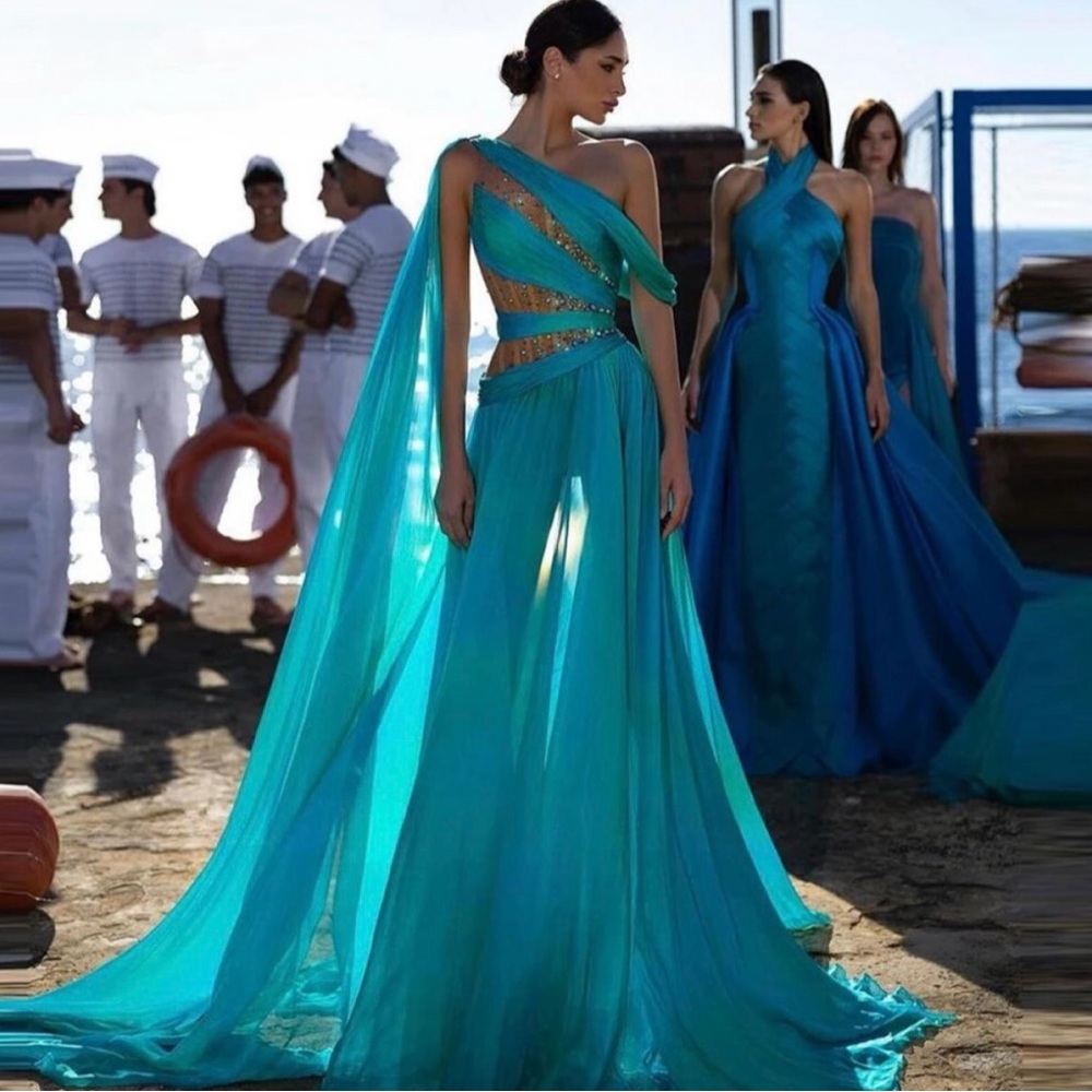 One Shoulder Aquamarine Chiffon Maxi Dress - Wedding Guest & Formal Event